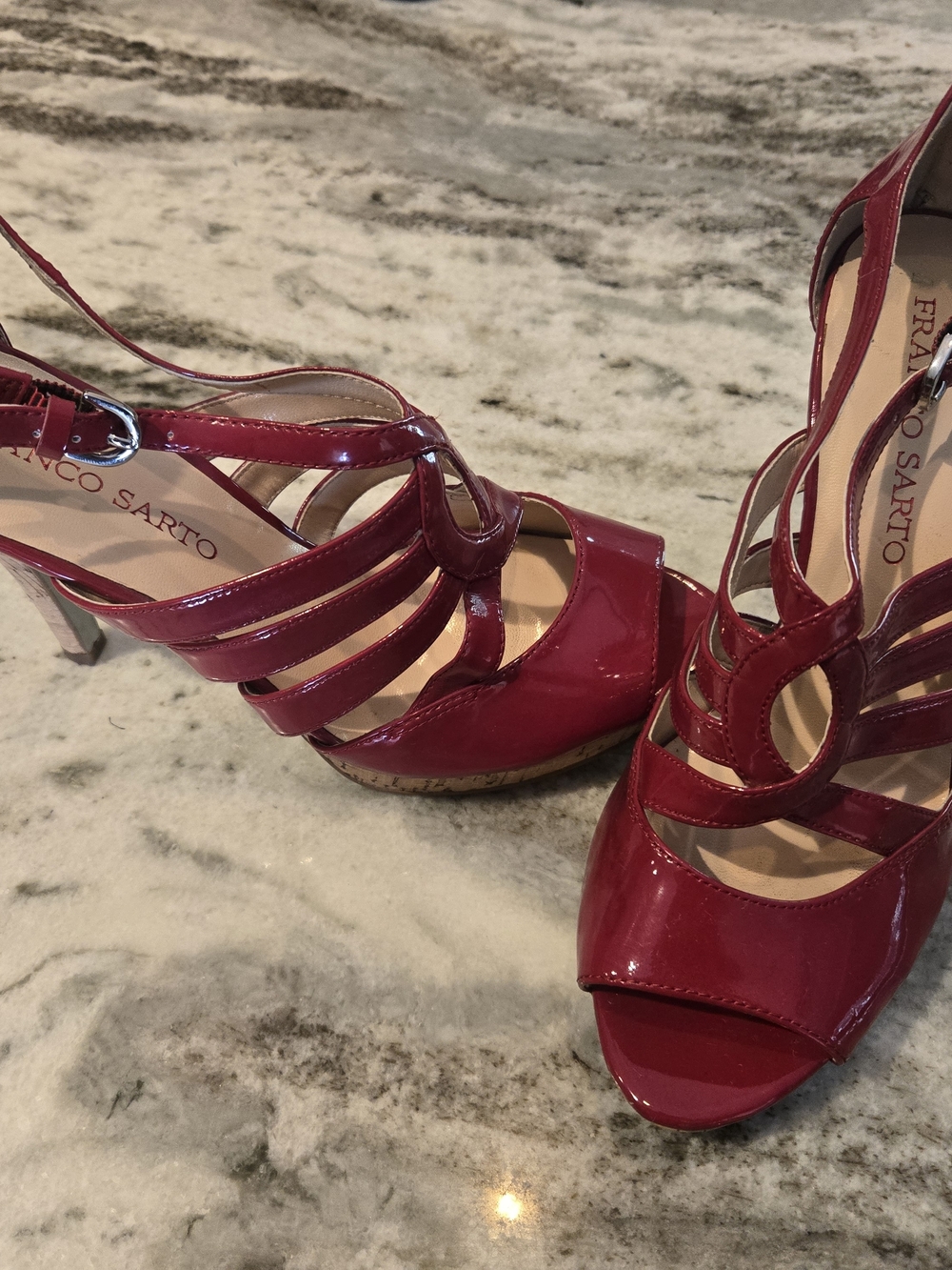 Franco Sarto Patent Strappy Heels in Deep Red